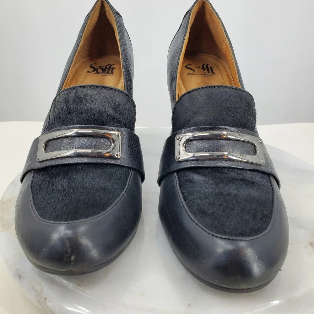 Sofft Black Leather Heeled Loafers Cow Hair Vamp Pumps 9M Witchy Dark Academia